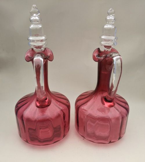 PAIR OF ANTIQUE CRANBERRY GLASS DECANTERS - ADDITIONAL PHOTO 3