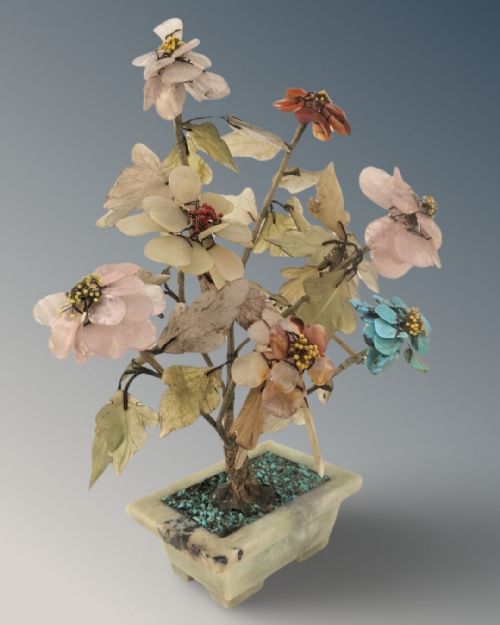 Antique Chinese Bonsai Jade, Rose Quartz and Carnelian