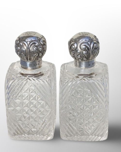 fig 2. Good Pair of Victorian Silver & Cut Glass Scent Bottles John Newton Mappin 1893