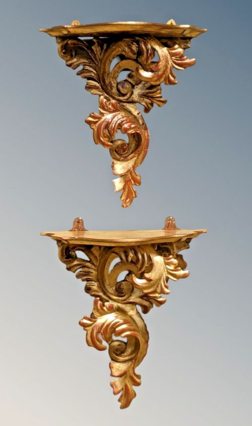 Pair Gilt Wood Wall Brackets Rococo Style