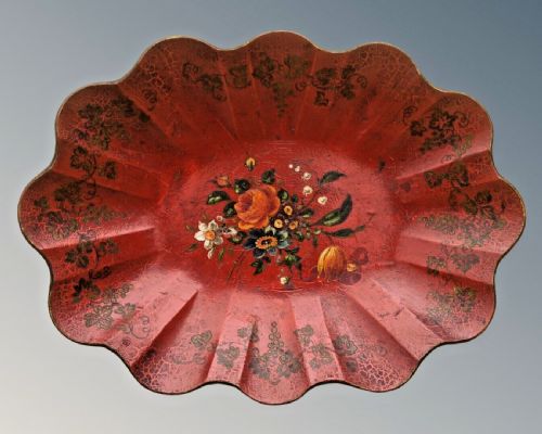 Victorian Red Lacquer Dish Hand Painted Papier Mache