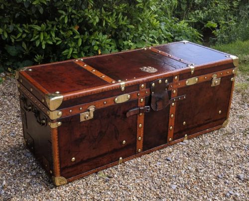 Impressive Antique Leather Trunk Chest Military