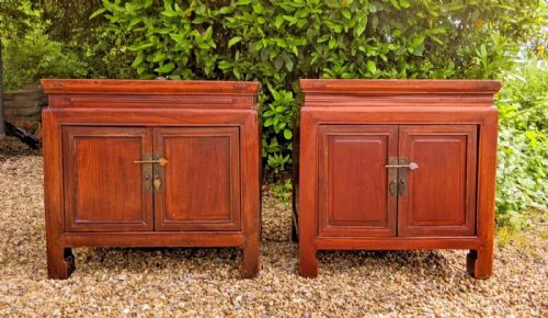 Neat Near Pair of Chinese Hardwood Bedside Cabinets