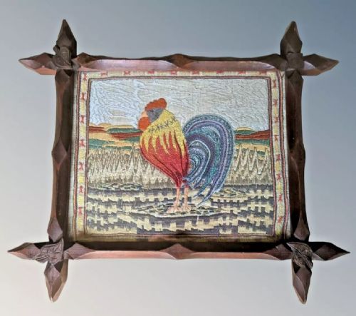 Charming Victorian Embroidery Cockerel in Cruciform Frame