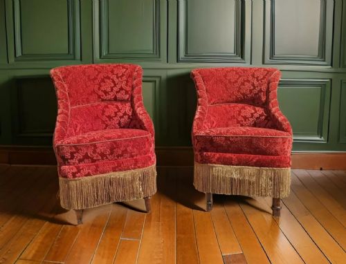 Pair Antique Chairs in Rich Red Damask Wool Moquette with Long Tassels