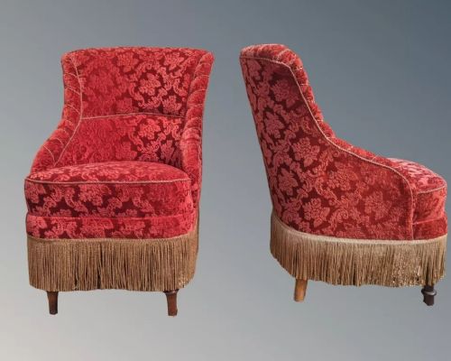 fig 1. Pair Antique Chairs in Rich Red Damask Wool Moquette with Long Tassels