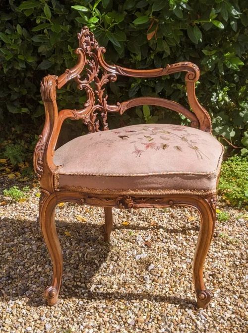 Antique French Walnut Chair Louis XV Style Carved Back