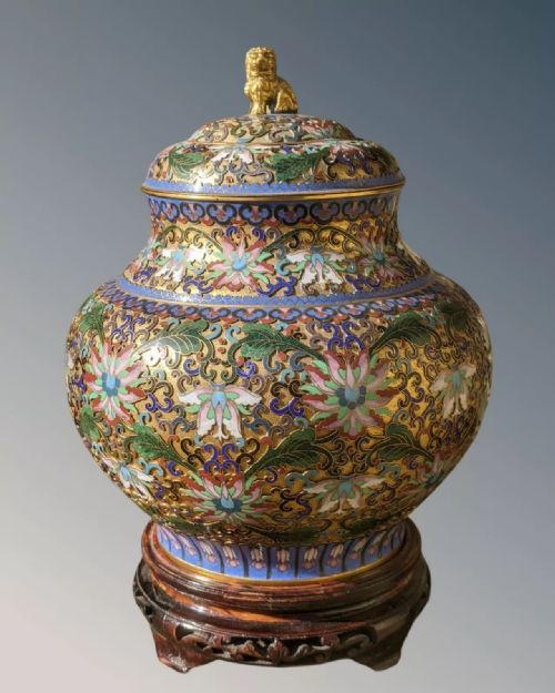 Large Antique Chinese Champleve Cloisonne Lidded Vase on Stand