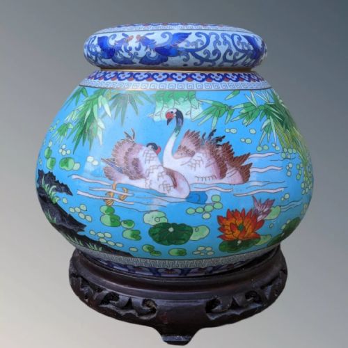 Large Antique Chinese Cloisonne Bowl and Cover on Stand