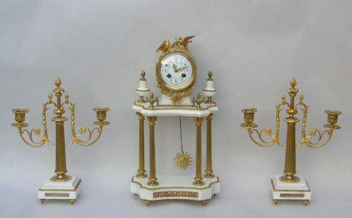 Antique Marble Portico Clock Garniture