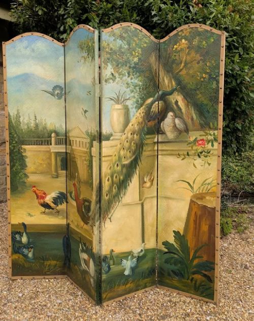 Antique Hand Painted Dressing Screen Classical Garden Scene