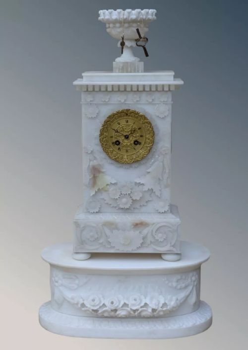 French Alabaster Mantel Clock on Stand 19th Century