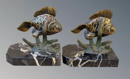 Art Deco Bronze & Marble Tropical Fish Bookends