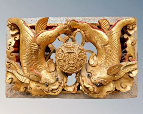Chinese Carved Giltwood Temple Panel Dogs of Fo