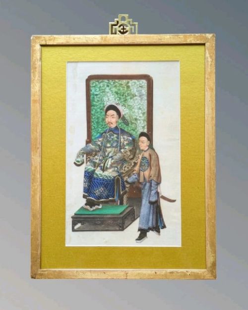 fig 1. A vertical set of three framed Chinese export paintings depicting seated and standing dignitaries in traditional blue Qing dynasty robes framed in gilt wood.