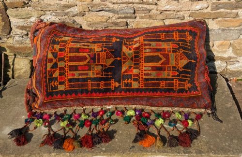 Antique Tribal Bag Face Cushion Tasselled Hand Woven
