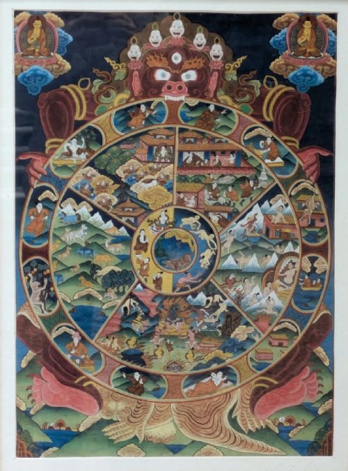 fig 1. A handpainted Tibetan Wheel of Life Thangka artwork featuring intricate Buddhist symbols encased in a natural pine wood frame.