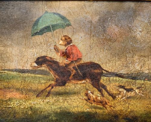 fig 1. Oil Painting Monkey Riding a Donkey 19th Century