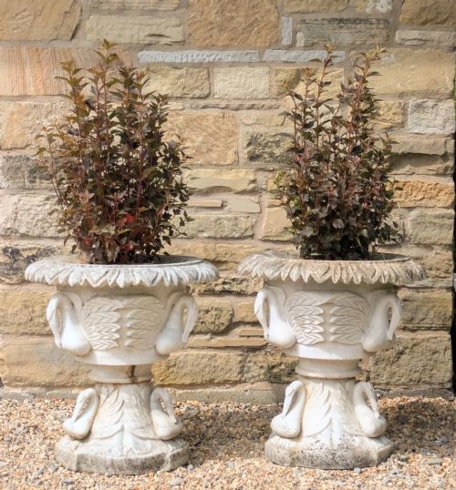 A Super Pair of Early 20th Century Carved Marble Garden Urns Swans