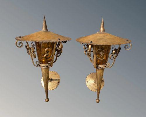 Stylish Pair Gilt Arts and Crafts Wall Lanterns