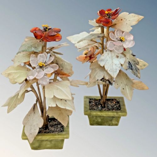 PAIR CHINESE HARDSTONE JADE FLOWER JARDINIERE BONSAI - ADDITIONAL PHOTO 1