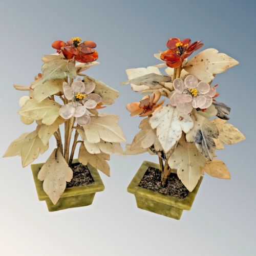 PAIR CHINESE HARDSTONE JADE FLOWER JARDINIERE BONSAI - ADDITIONAL PHOTO 2