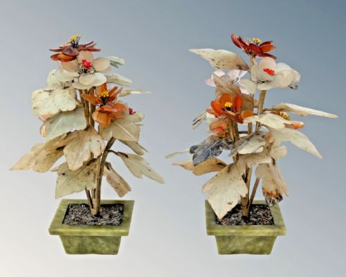 PAIR CHINESE HARDSTONE JADE FLOWER JARDINIERE BONSAI - ADDITIONAL PHOTO 3