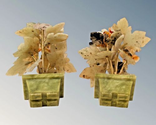 PAIR CHINESE HARDSTONE JADE FLOWER JARDINIERE BONSAI - ADDITIONAL PHOTO 4