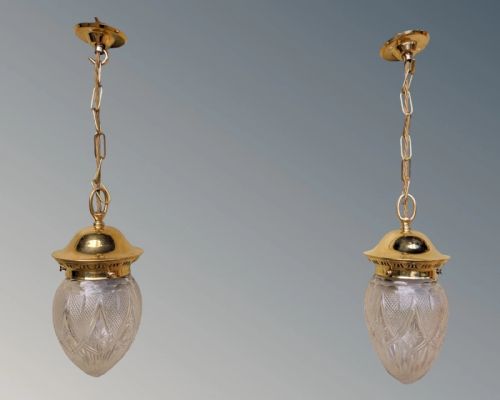 Beautiful Near Pair 19th Century Brass & Cut Glass Pendant Lights