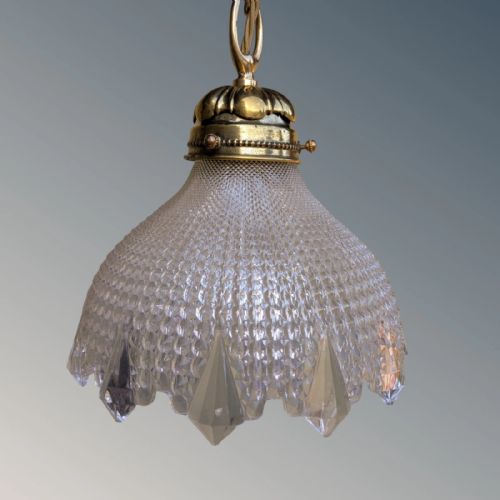 PRETTY EARLY 20TH CENTURY PENDANT LIGHT WITH HOLOPHANE SHADE - ADDITIONAL PHOTO 3