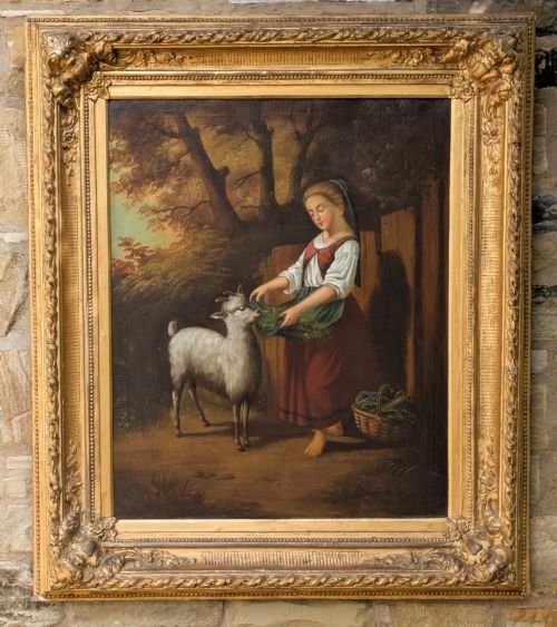 Antique Oil Painting Girl and Goat 19th Century Manner of Hermann Werner