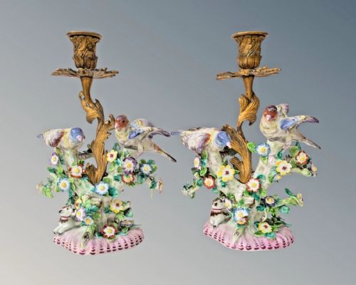 fig 1. Good Pair of Derby Porcelain Bird Candelabra Gilt Bronze