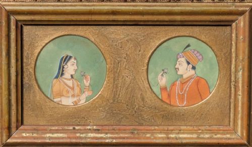 Mughal School Original Gouache Portrait Painting Jahangir & Bani Tahni