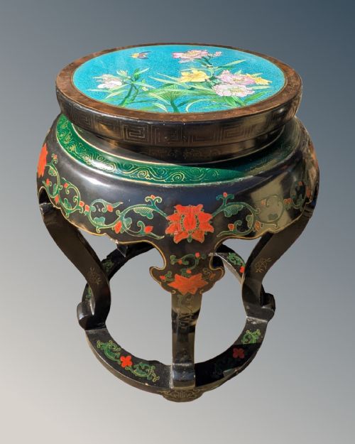 PAIR OF ANTIQUE CHINESE LACQUER AND CLOISONNE SIDE TABLES - ADDITIONAL PHOTO 5