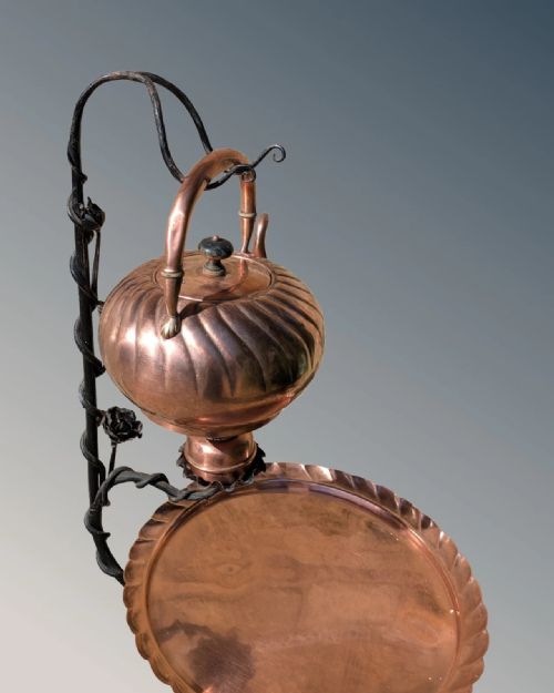 ARTS AND CRAFTS COPPER KETTLE AND TABLE ON WROUGHT IRON STAND - ADDITIONAL PHOTO 1