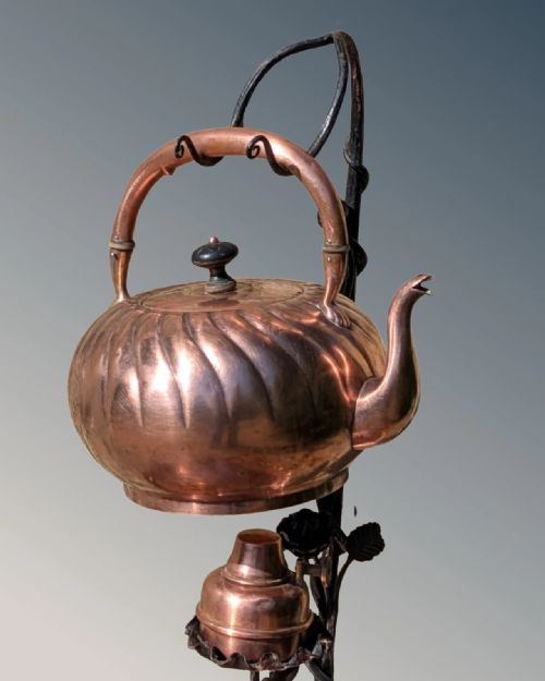 ARTS AND CRAFTS COPPER KETTLE AND TABLE ON WROUGHT IRON STAND - ADDITIONAL PHOTO 3