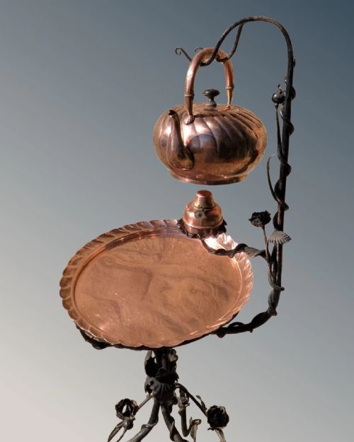 ARTS AND CRAFTS COPPER KETTLE AND TABLE ON WROUGHT IRON STAND - ADDITIONAL PHOTO 5