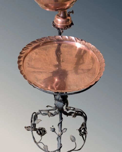ARTS AND CRAFTS COPPER KETTLE AND TABLE ON WROUGHT IRON STAND - ADDITIONAL PHOTO 6