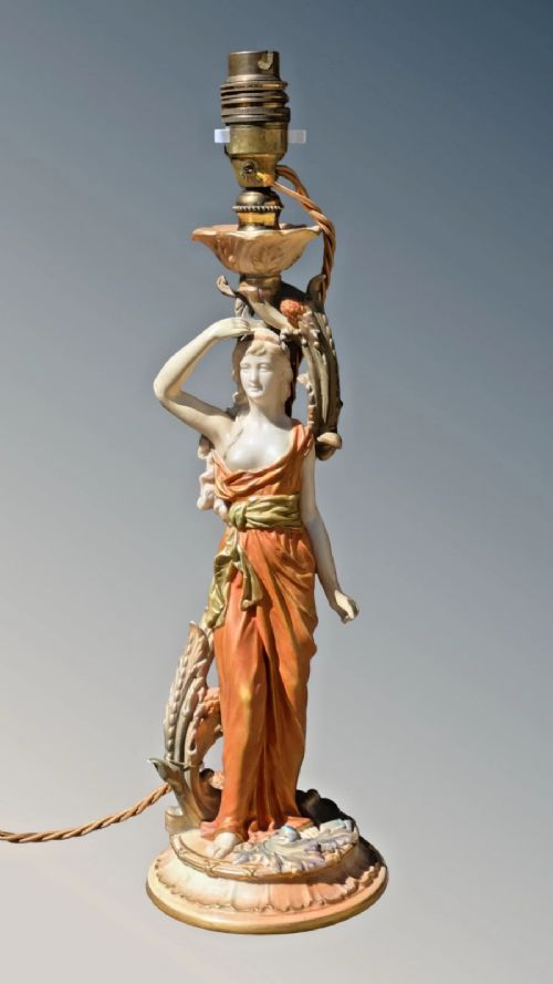 A Royal Worcester porcelain table lamp featuring a sculpted classical female figure in terracotta drapery beneath a pleated white shade. View III