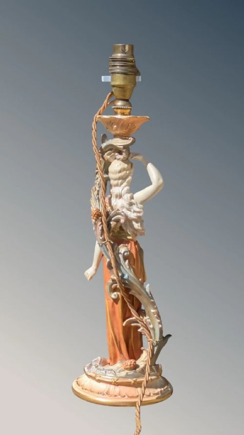 A Royal Worcester porcelain table lamp featuring a sculpted classical female figure in terracotta drapery beneath a pleated white shade. View VI