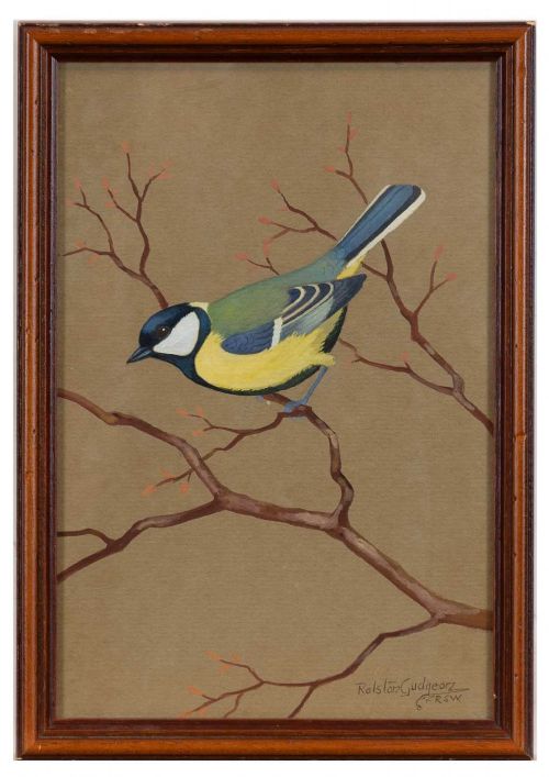 fig 1. A set of three vertical watercolour paintings on toned paper depicting detailed garden birds perched on delicate branches.