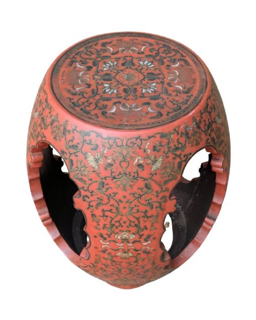 CHINESE RED LACQUER BARREL STOOL - ADDITIONAL PHOTO 1