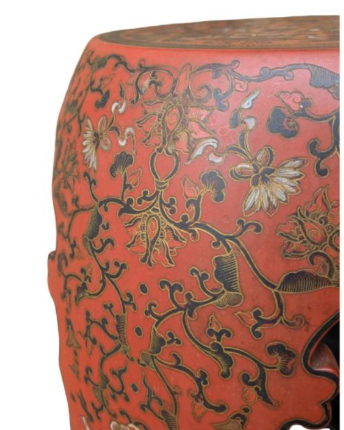 CHINESE RED LACQUER BARREL STOOL - ADDITIONAL PHOTO 4