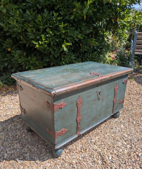 Beautiful Painted Pine Chest with Hand Forged Iron Strapwork