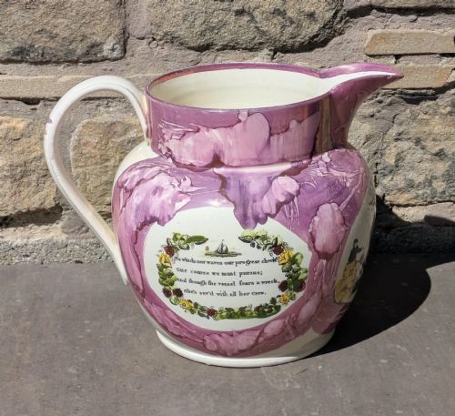 Large Sunderland Pink Lustre Jug Circa 1800 Maritime Theme