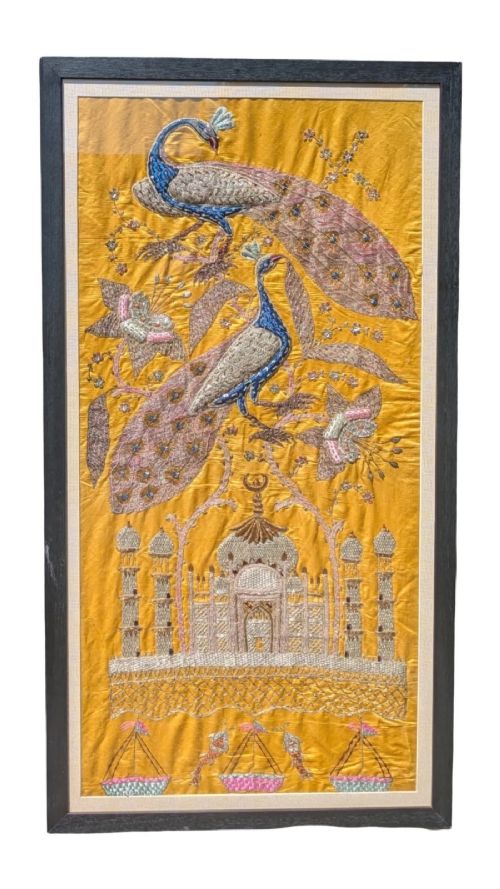 Beautiful Indian Embroidery on Silk Taj Mahal & Peacocks
