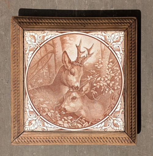 Antique French Deer Tile Wooden Stand