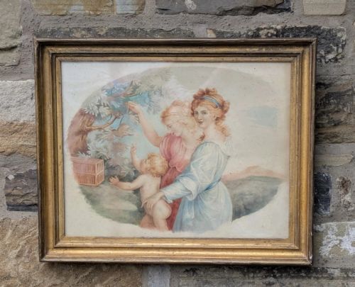 Charming Watercolour Classical Scene Young Ladies and Child