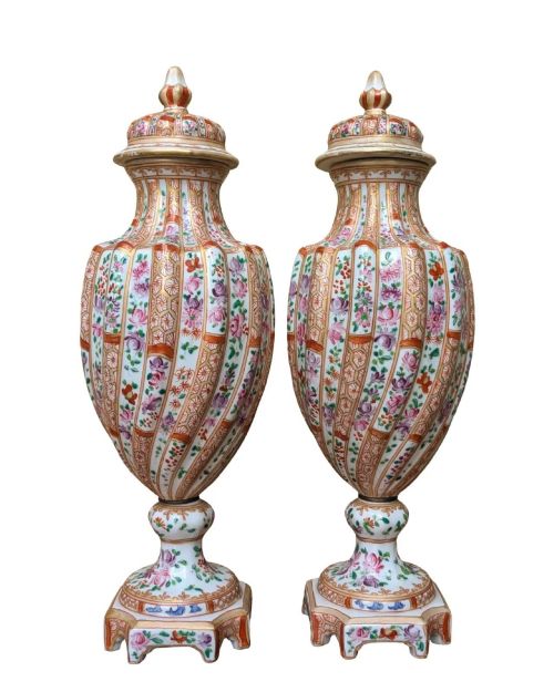 Antique Pair Edme Samson Lidded Vases Famille Rose