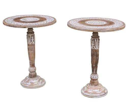 Pair of Carved Indian Pedestal Tables Hand Painted